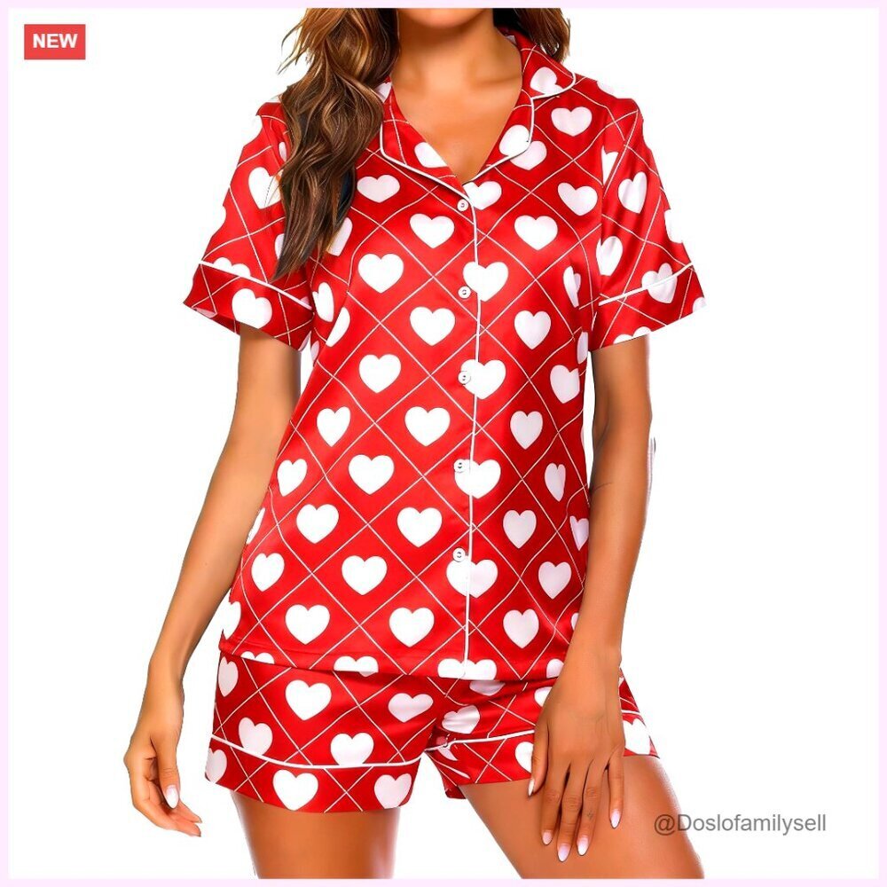 Satin Pajama Set Notch Collar Button Down Shirt Shorts Sleepwear Elegant